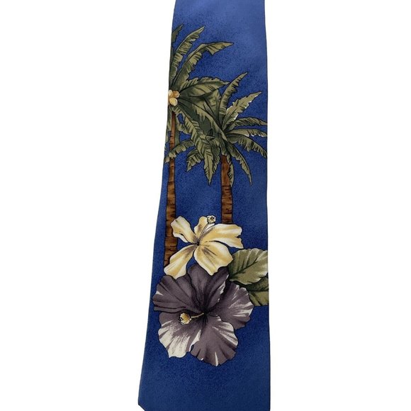 Duck Head Men's Silk Blue Tie With Palm Trees & Hibiscus Flowers Necktie - Picture 4 of 6